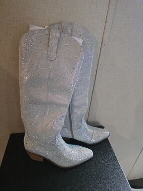 Sparkly Bling Cowgirl Boots Western Thigh High Boots Pull-On Side
